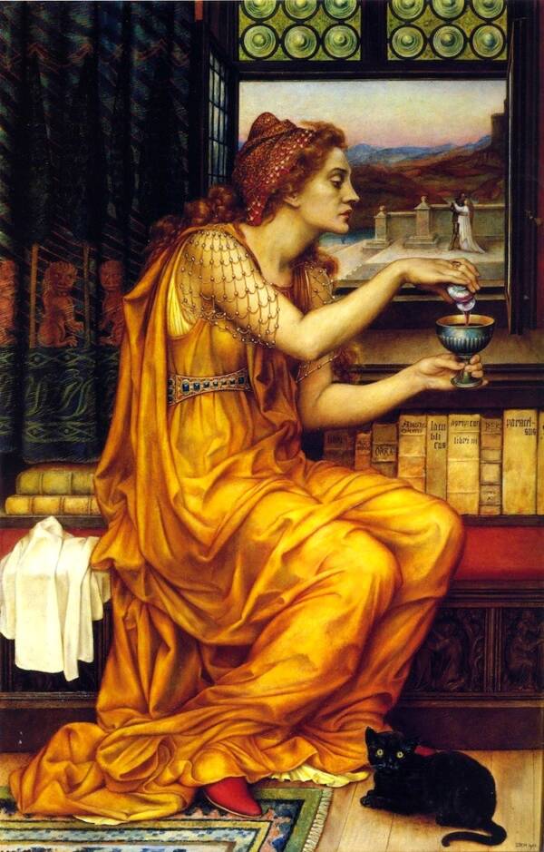 "The Love Potion, 1903, Evelyn De Morgan: hechicera mezclando pócima junto a un gato."